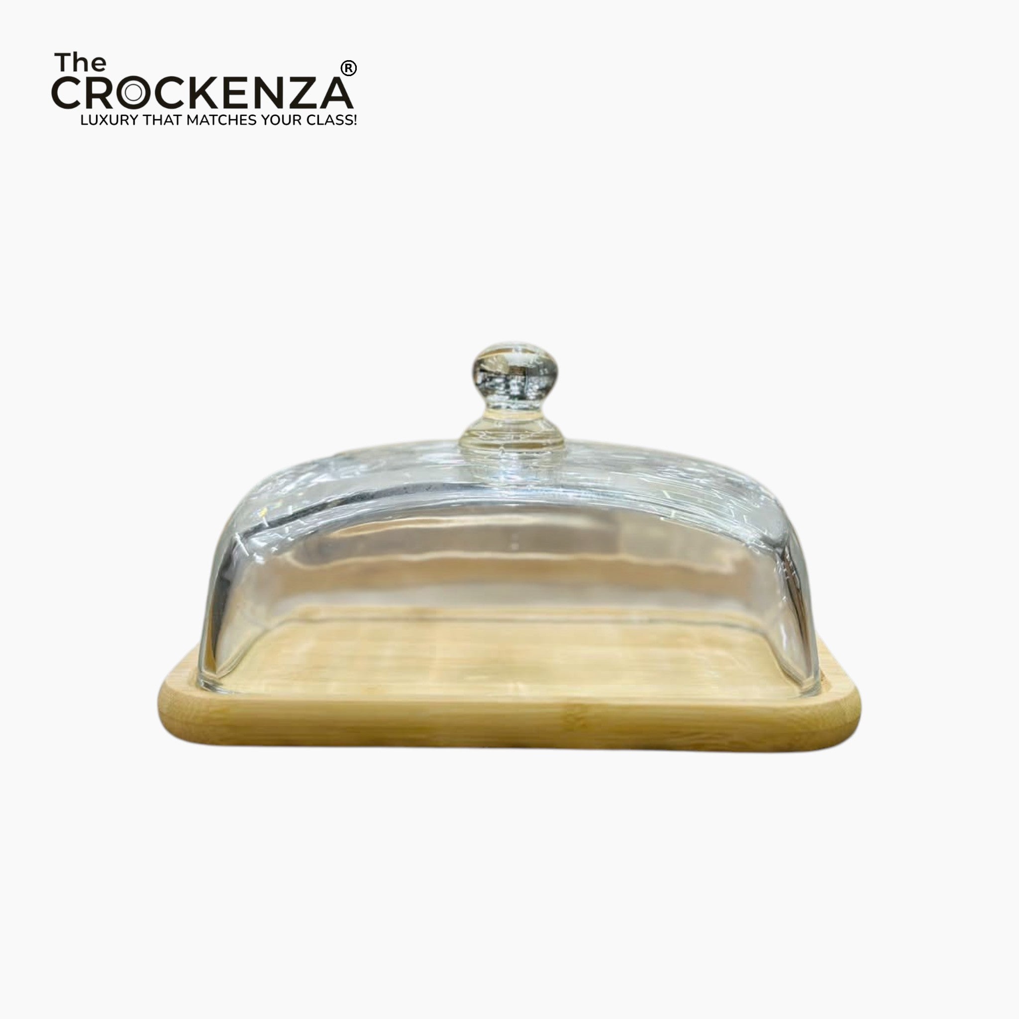 Modern Bamboo Base Butter Dish | Clear Glass Dome Countertop Keeper