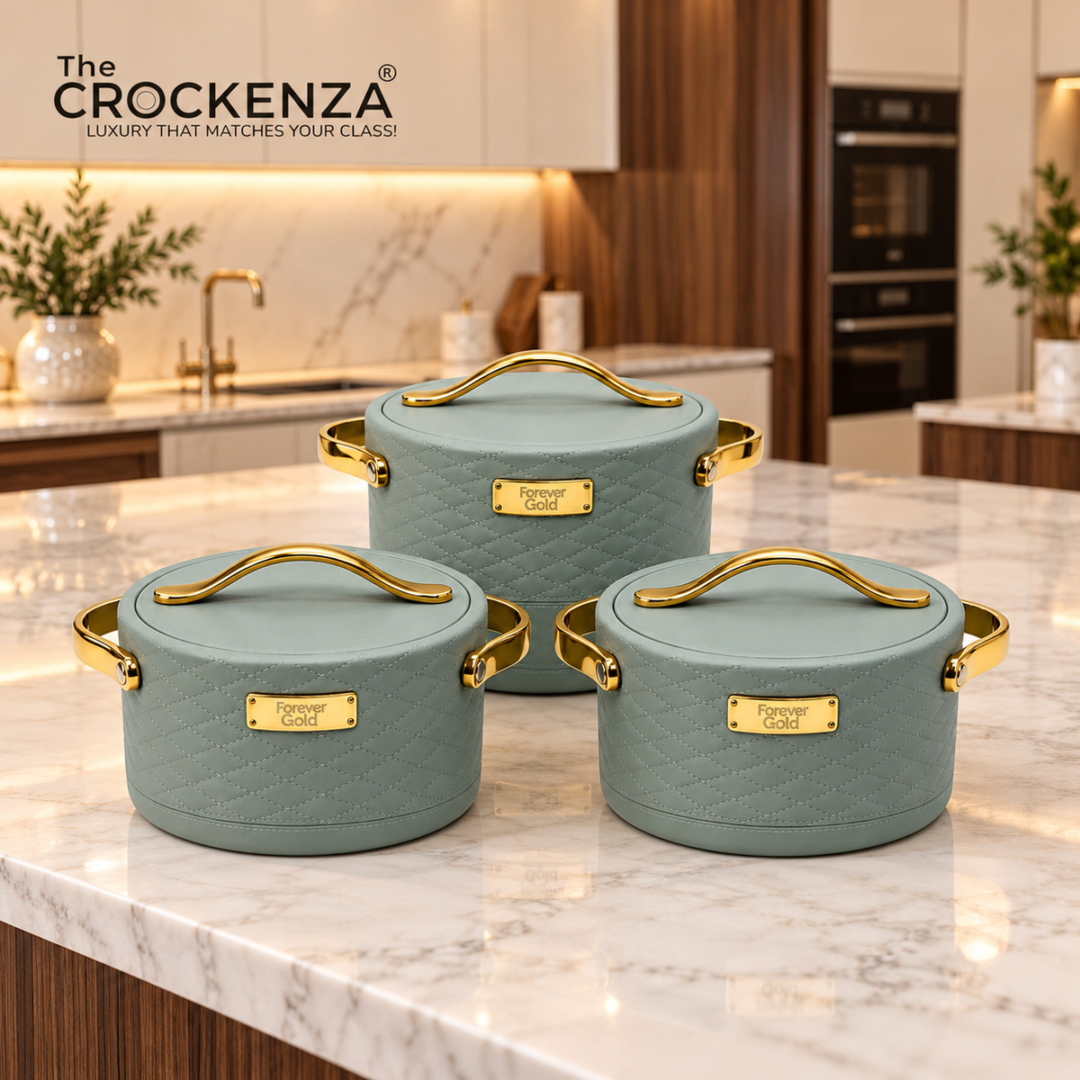 Forever Gold Luxury Insulated Hotpot Set - 3 Pcs (1.5L, 2.0L, 2.5L) | Sage Green & Gold Casserole Set