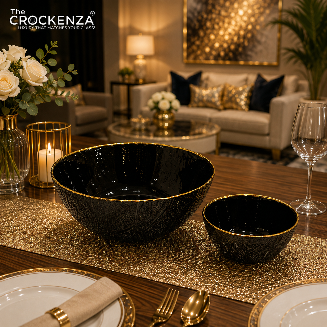 Luxury 7-Piece Black Glass Bowl Set with Gold Rim – 1 Large & 6 Small Serving Bowls