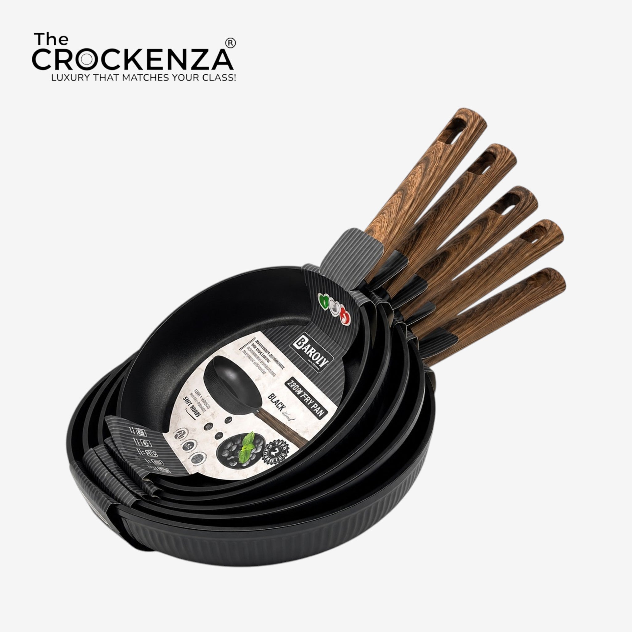 Premium Non-Stick Frying Pan Set with Wooden Handle (20CM, 22CM, 24CM, 26CM & 28CM) | Induction Compatible