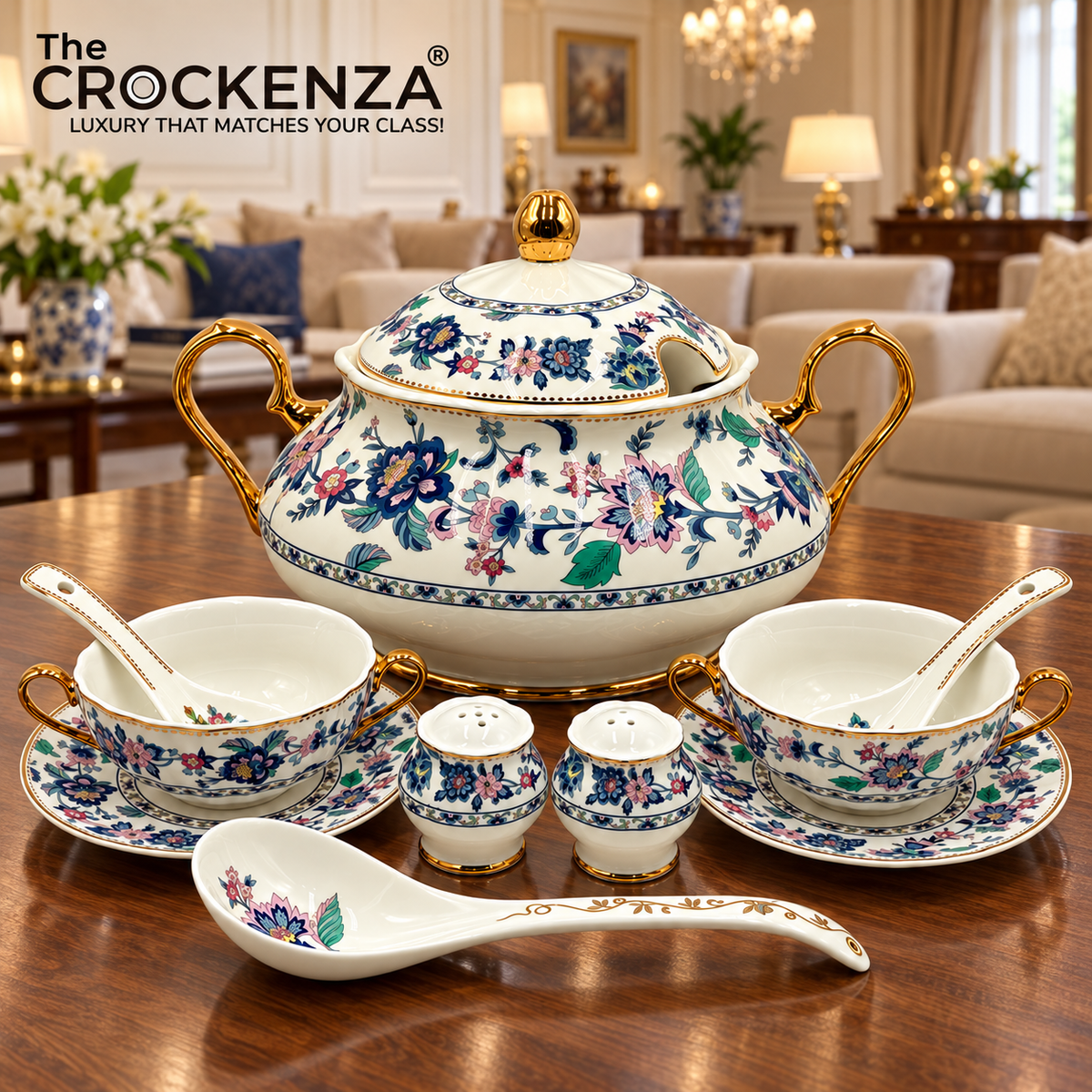 Imported Royal Albert Inspired 23-Piece Floral Soup Set with Gold Trim