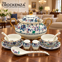 Imported Royal Albert Inspired 23-Piece Floral Soup Set with Gold Trim
