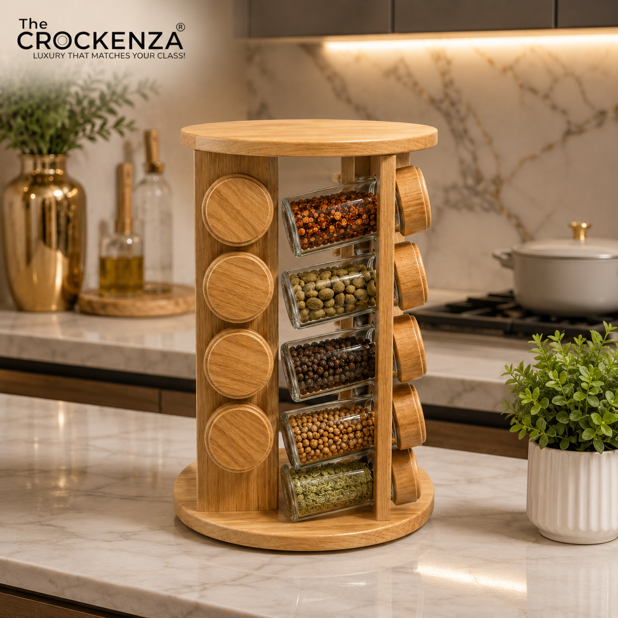16-Jar Rotating Wooden Spice Rack Tower – Revolving Countertop Storage Organizer Set with Glass Jars