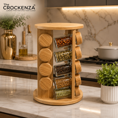16-Jar Rotating Wooden Spice Rack Tower – Revolving Countertop Storage Organizer Set with Glass Jars