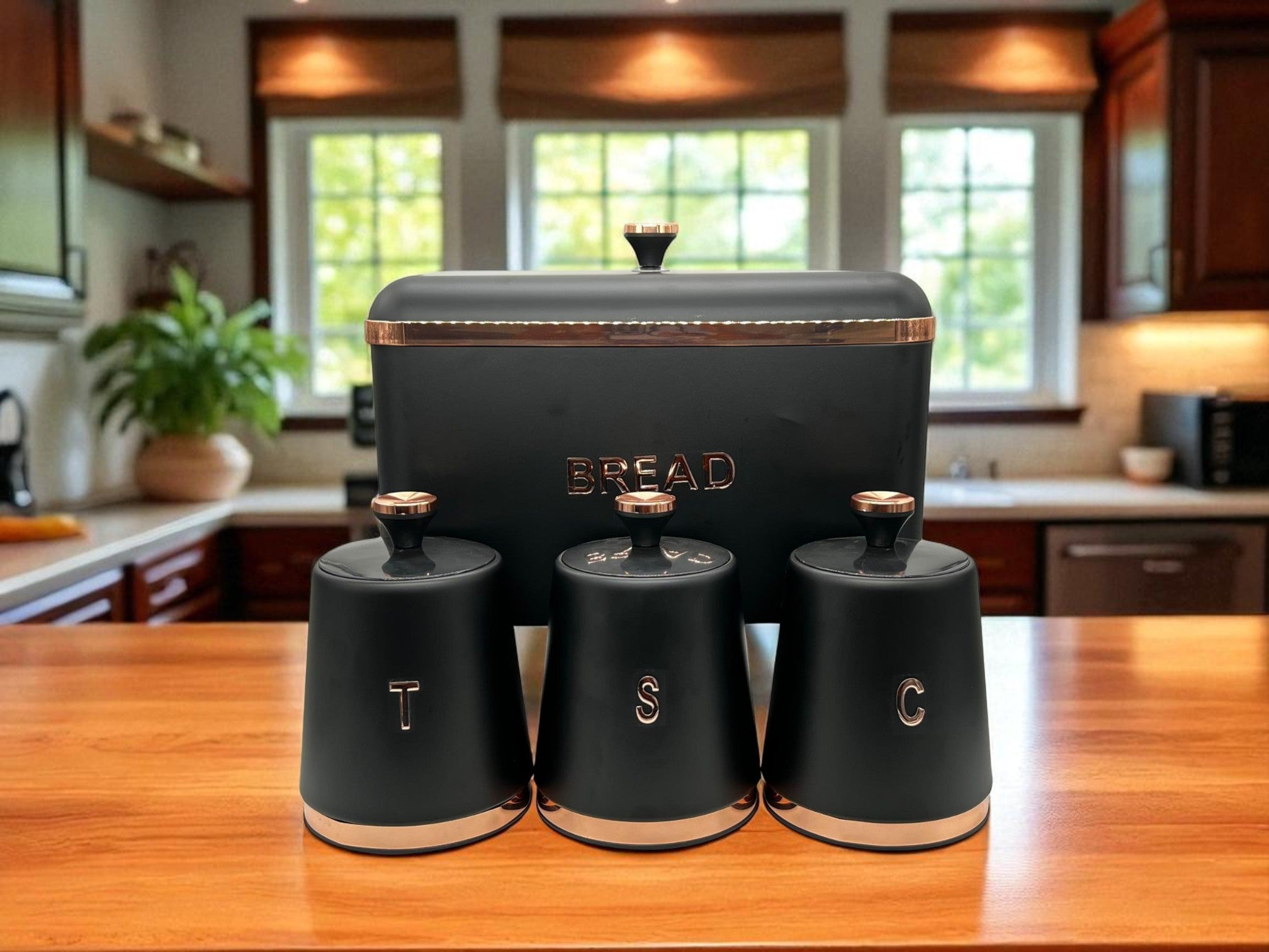 Elegant Bread & Canister Set – 4 Pcs with Rose Gold Trim