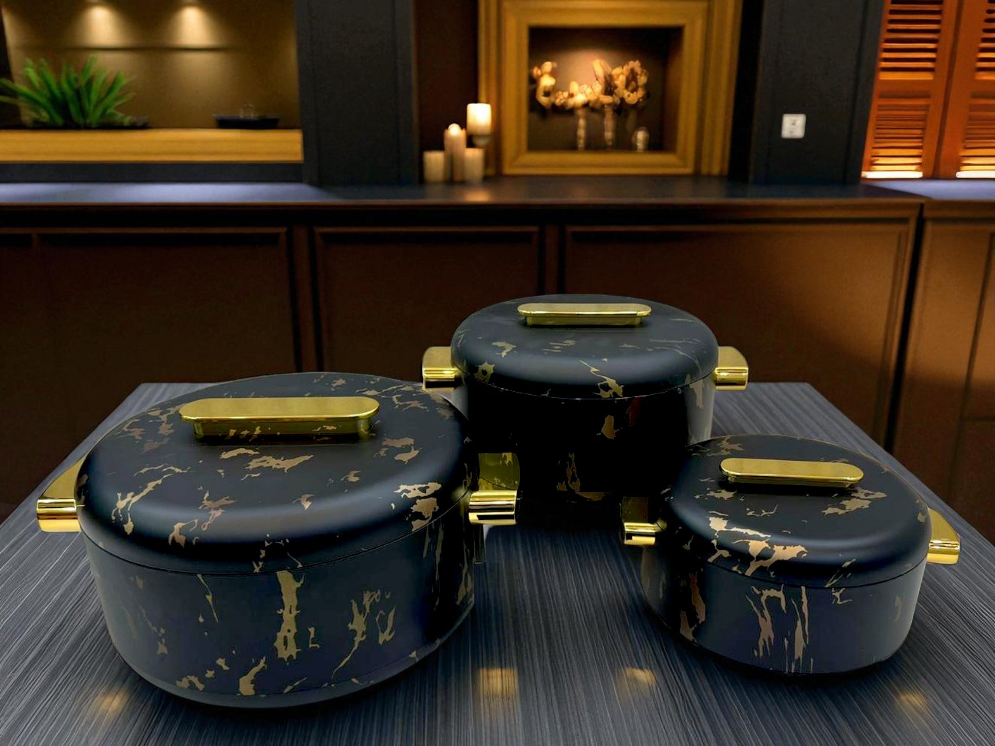 Imported Luxury Collection | Forever Gold 3Pcs Thermal Hotpot Set | Black Marble Round