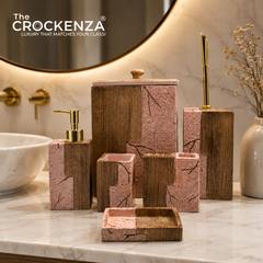The Crockenza's 7-Piece Pink & Wood Grain Bathroom Set - Gold Accents