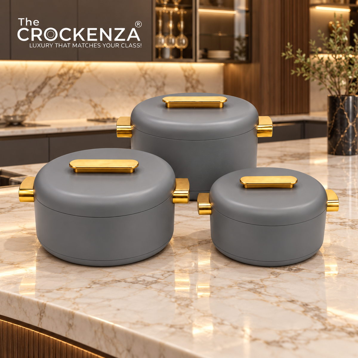 Imported Luxury Collection | Forever Gold 3 Pcs Hotpot Set | Keep your food fresh & warm | Grey Round (1/2/3.5ltr)