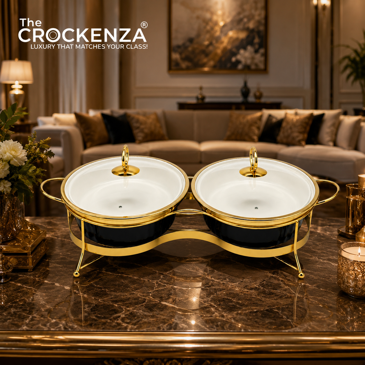 Twin Oval Porcelain Serving Dish Set with Gold Stand – 12" Double Buffet Server with Handles | Elegant Tabletop Food Warmer & Serving Bowl Set