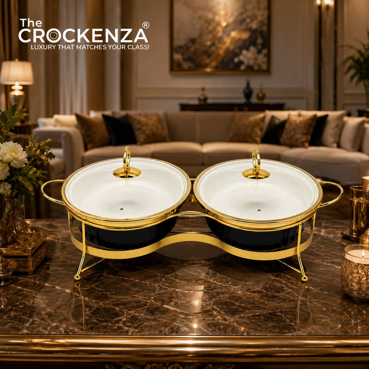 Twin Oval Porcelain Serving Dish Set with Gold Stand – 12" Double Buffet Server with Handles | Elegant Tabletop Food Warmer & Serving Bowl Set