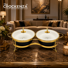 Twin Oval Porcelain Serving Dish Set with Gold Stand – 12" Double Buffet Server with Handles | Elegant Tabletop Food Warmer & Serving Bowl Set