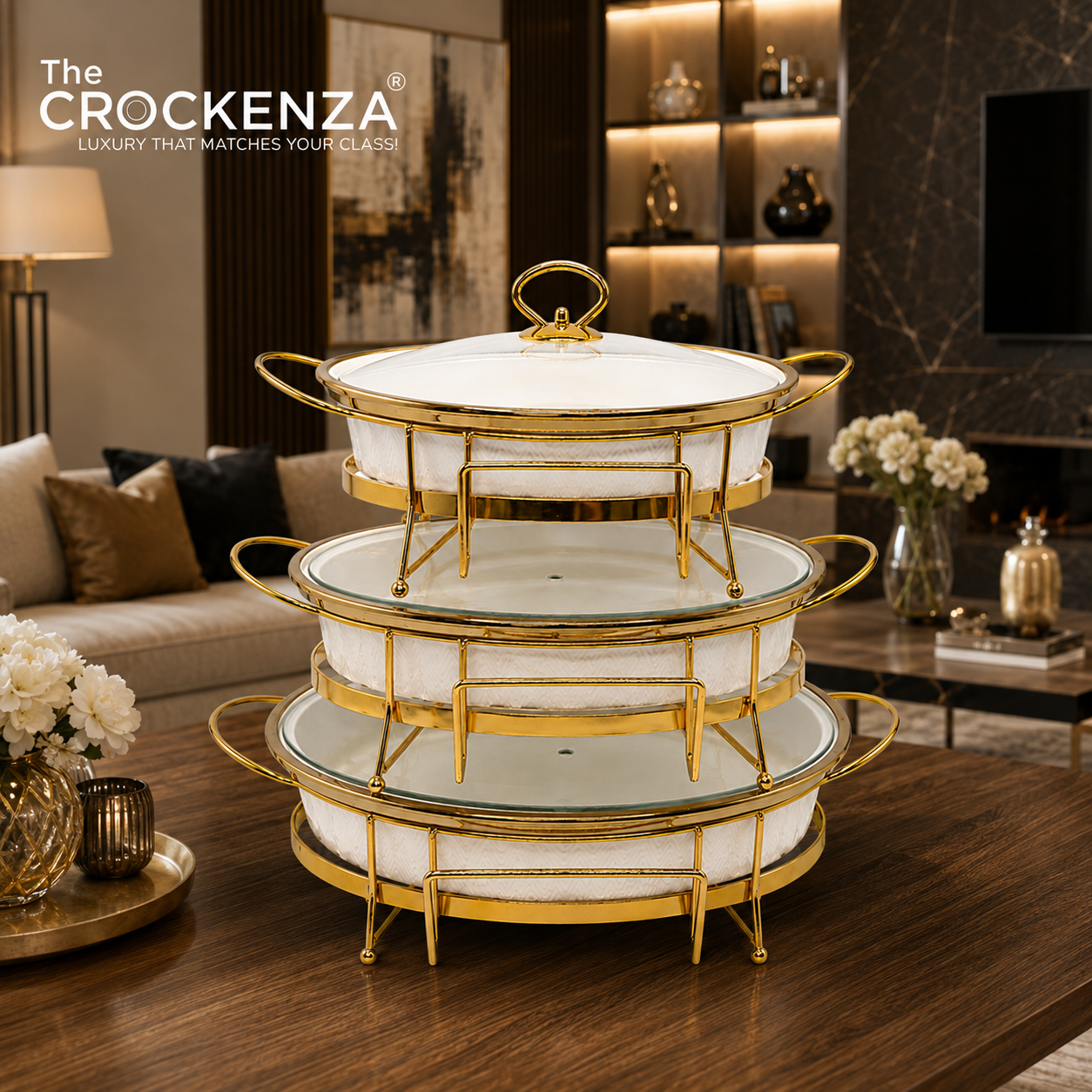 Luxe White & Gold Textured Porcelain Chafing Dish – Set of 3 Sizes