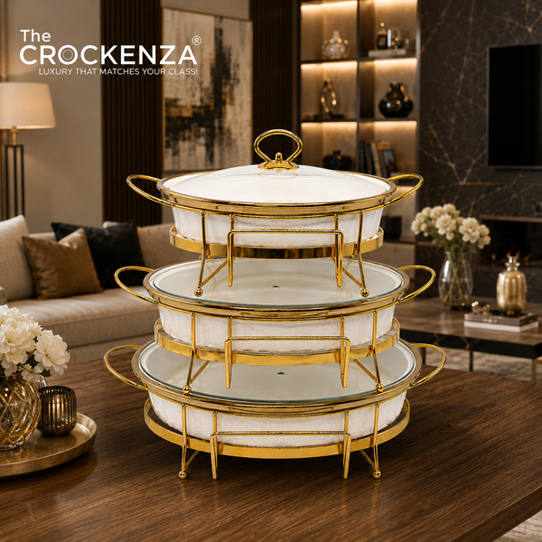 Luxe White & Gold Textured Porcelain Chafing Dish – Set of 3 Sizes