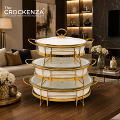 Luxe White & Gold Textured Porcelain Chafing Dish – Set of 3 Sizes