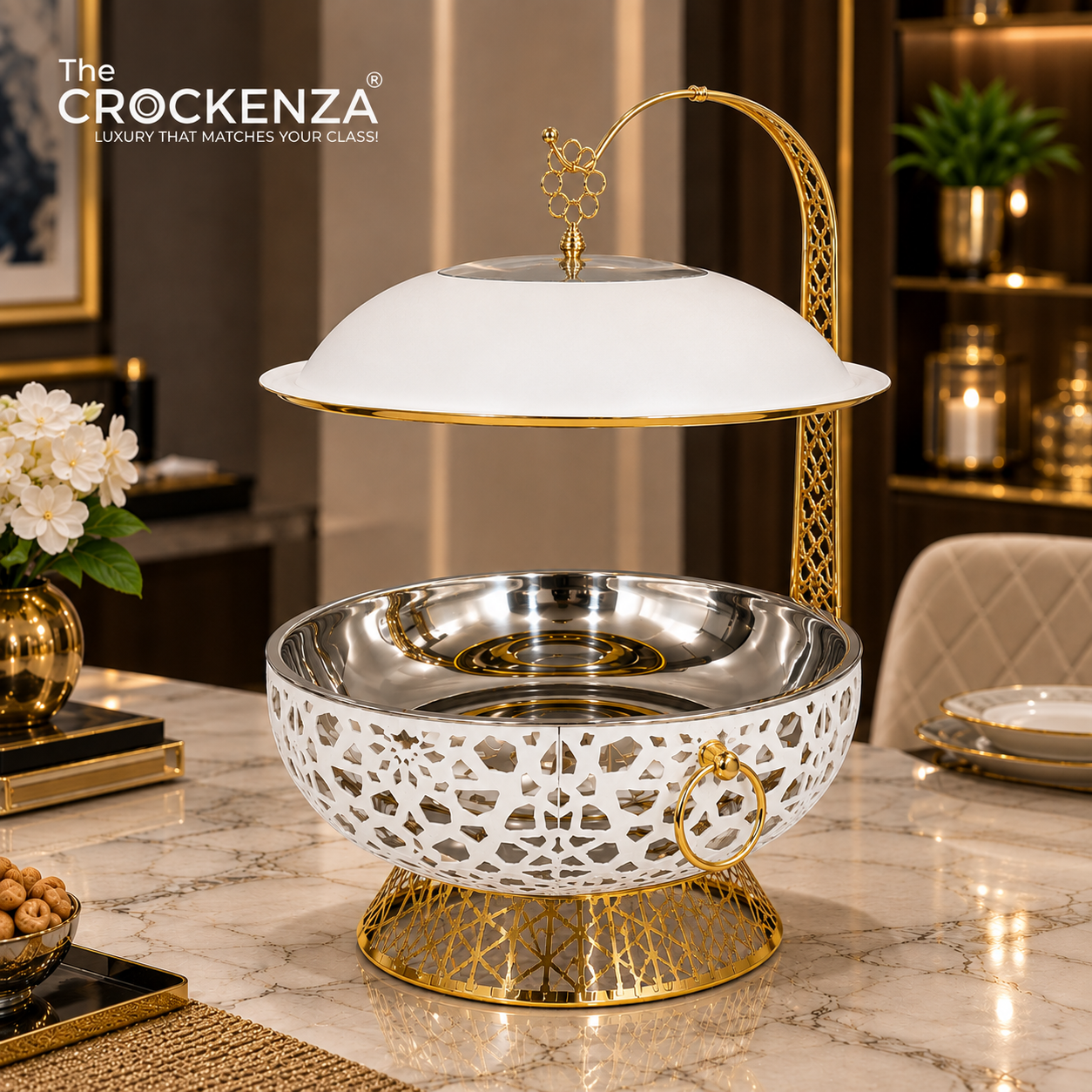 Luxury Stainless Steel Buffet Dish with Golden Stand & Hanging Lid (8 Litre) – Premium Food Warmer & Serving Dish