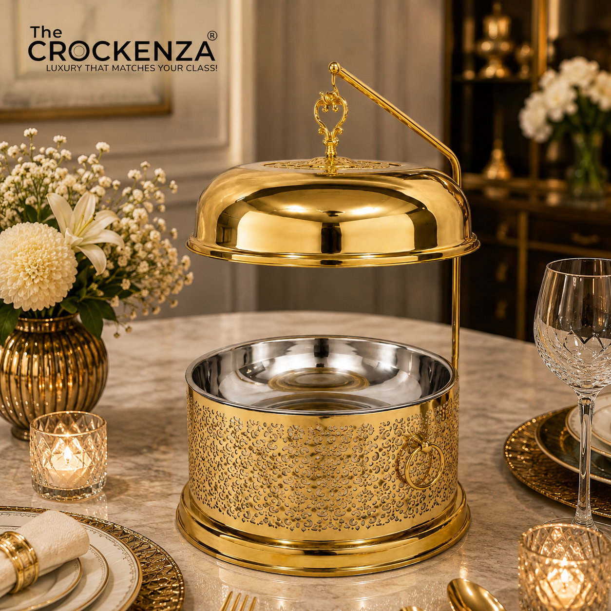 8L Luxury Golden Stainless Steel Buffet Dish with Hanging Lid – Royal Laser-Cut Food Warmer & Serving Dish