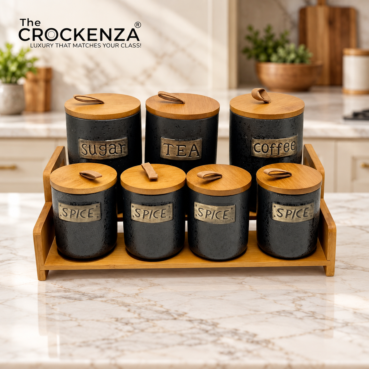 7-Piece Ceramic Airtight Jar Set with Wooden Lids & Storage Tray