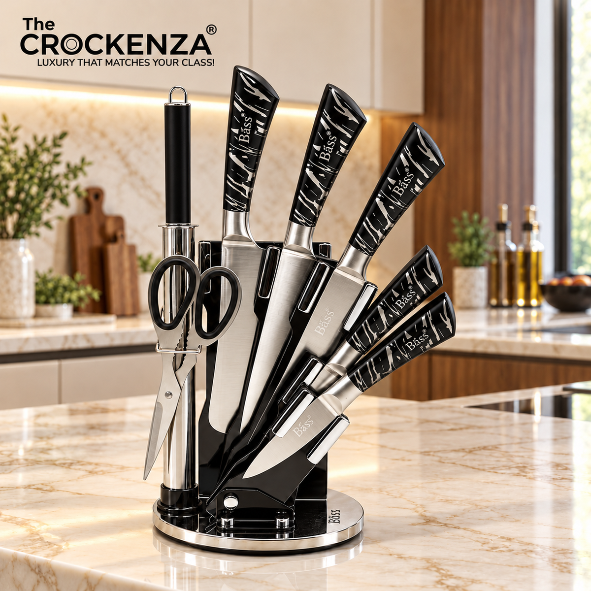 Bass Elite 8-Piece Stainless Steel Knife Collection with Rotating Carousel