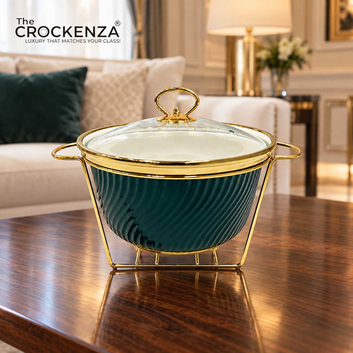 10-Inch Round Deep Green Porcelain Serving Bowl with Candle Holder Stand