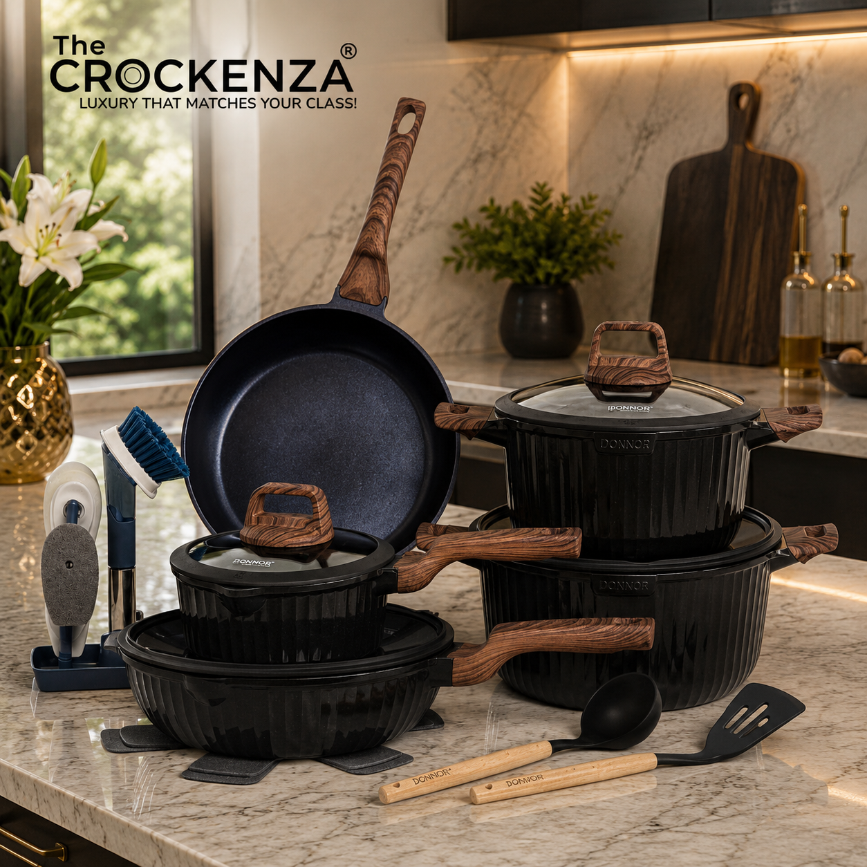 DONNOR AURA 20-Piece Granite Coated Never-Stick Cookware Set – Premium Pots, Pans & Kitchen Essentials