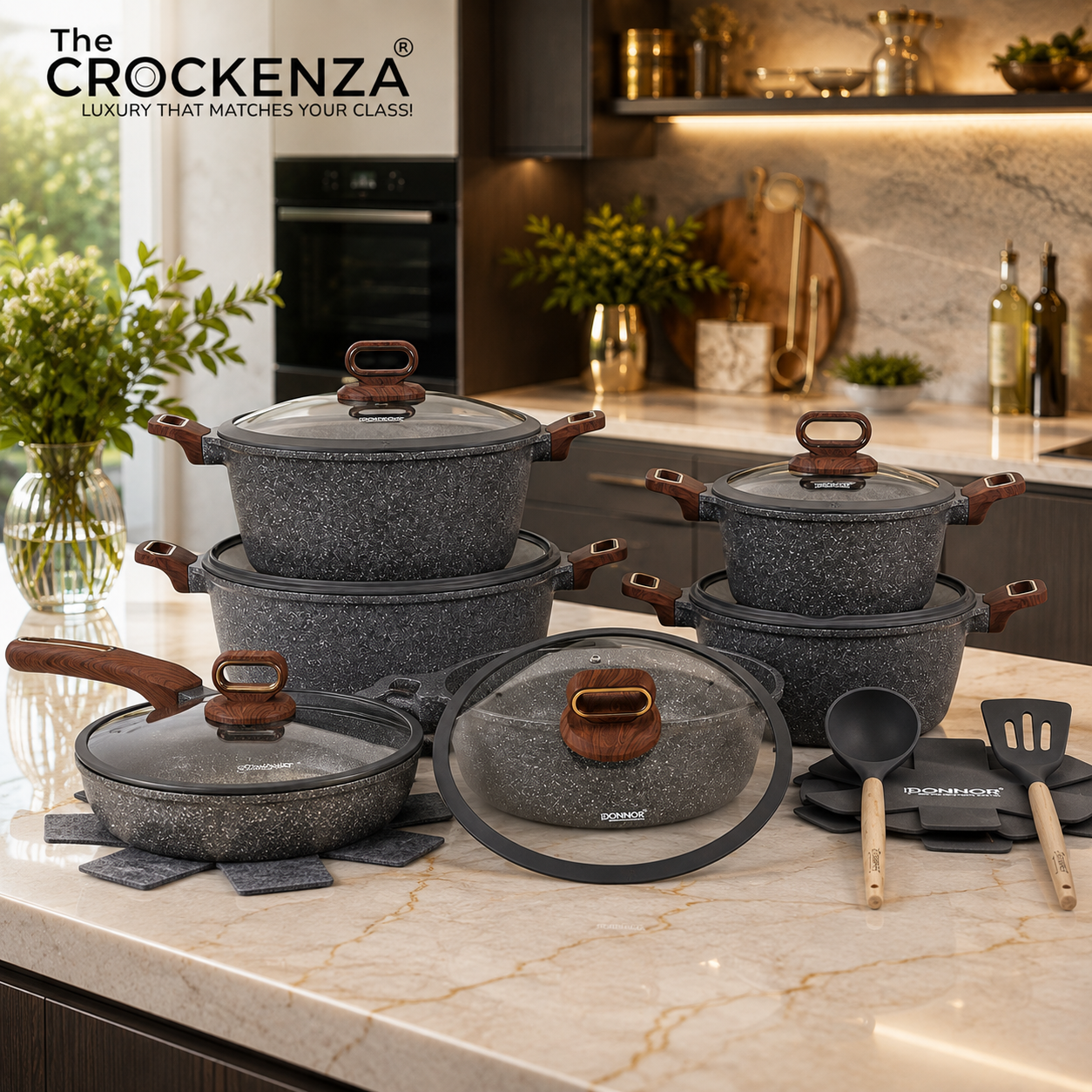 DONNOR 15-Piece Non-Stick Cookware Set | Premium Aluminum Pots & Pans with Glass Lids | Induction & Gas Compatible - Dark Grey