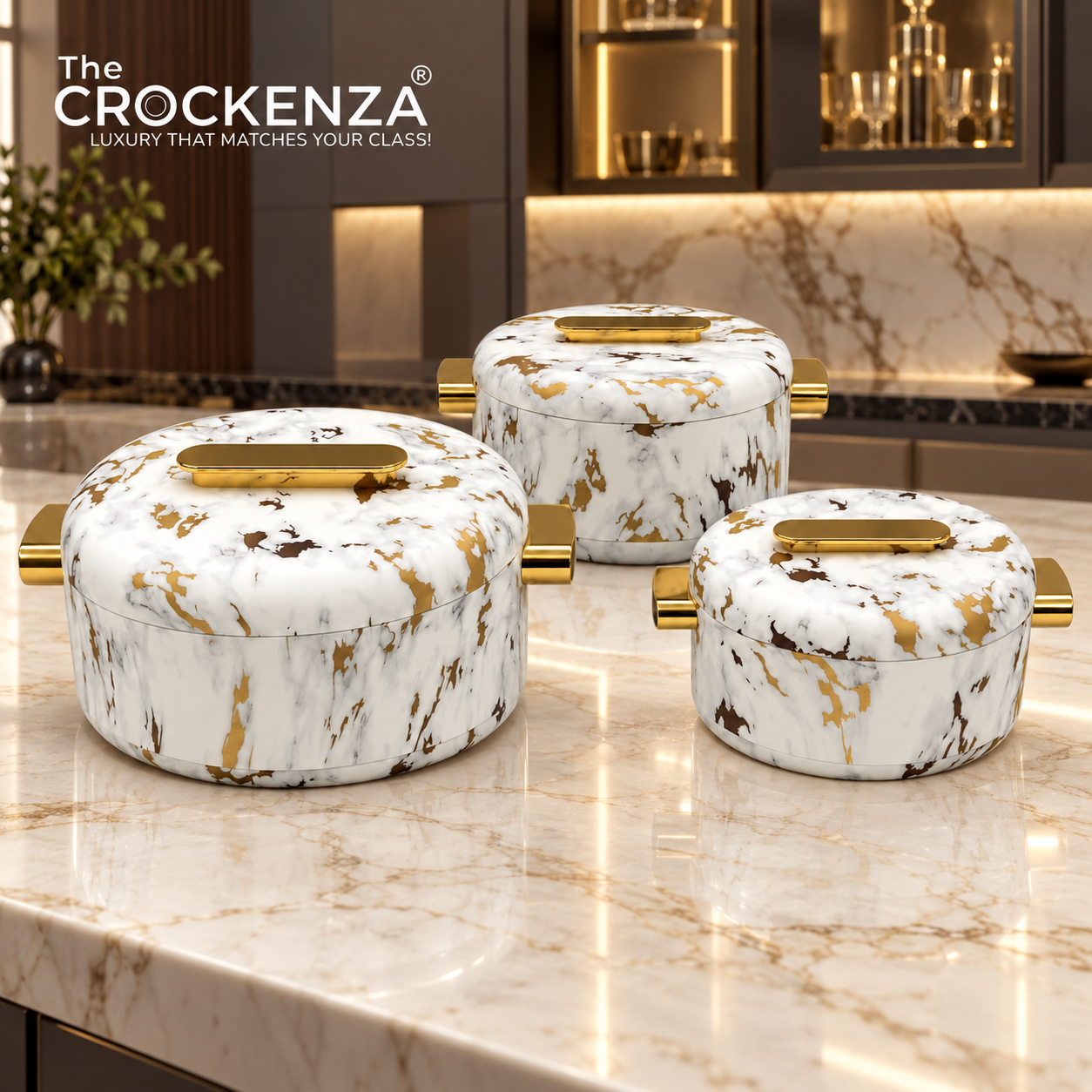 Imported Luxury Collection | Forever Gold 3 Pcs Thermal Hotpot Set | White Marble Textured Round (1/2/3.5Ltr)