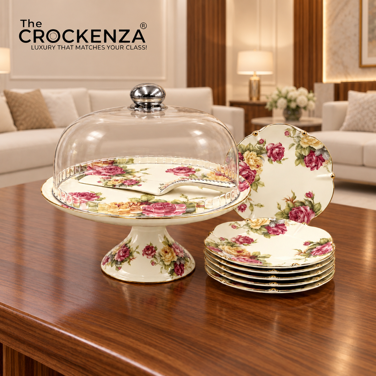 Royal Albert–Inspired 9-Pcs Bone China Cake Set | Floral Elegance with Acrylic Dome
