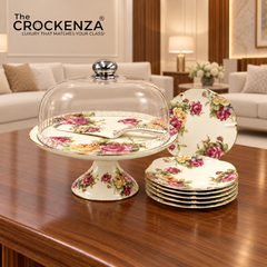Royal Albert–Inspired 9-Pcs Bone China Cake Set | Floral Elegance with Acrylic Dome