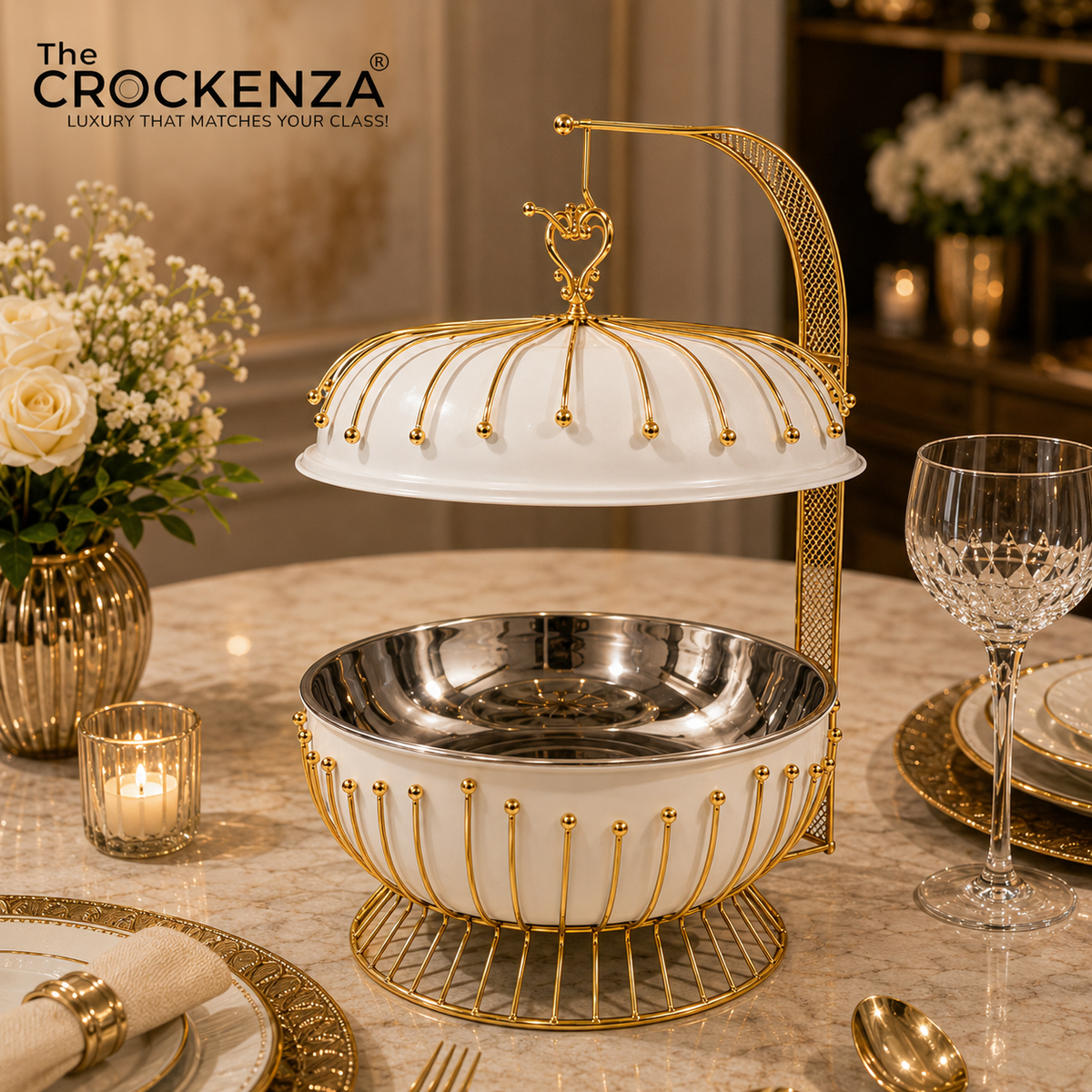 Luxury White & Gold Stainless Steel Buffet Dish with Hanging Lid (8 Litre) – Premium Royal Serving Dish