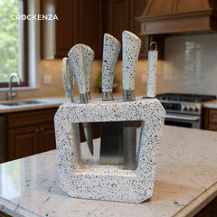 Luxury 7-Piece Knife Set with Meat Cleaver – White Granite Speckled Finish – High-Carbon Stainless Steel Blades with Modern Geometric Block.