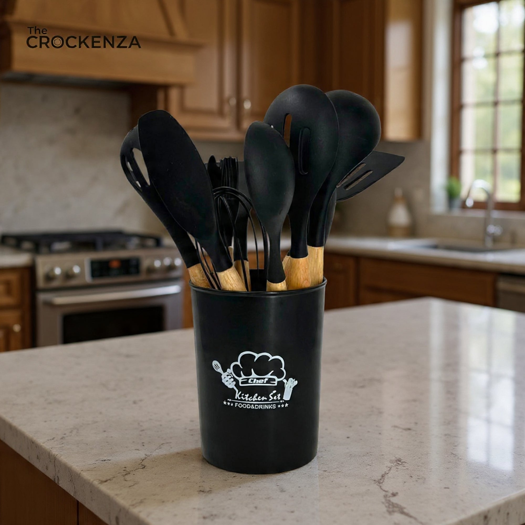 Premium Silicone Cooking Spoon Set with Wooden Handles & Holder | Heat-Resistant Non-Stick Kitchen Utensils