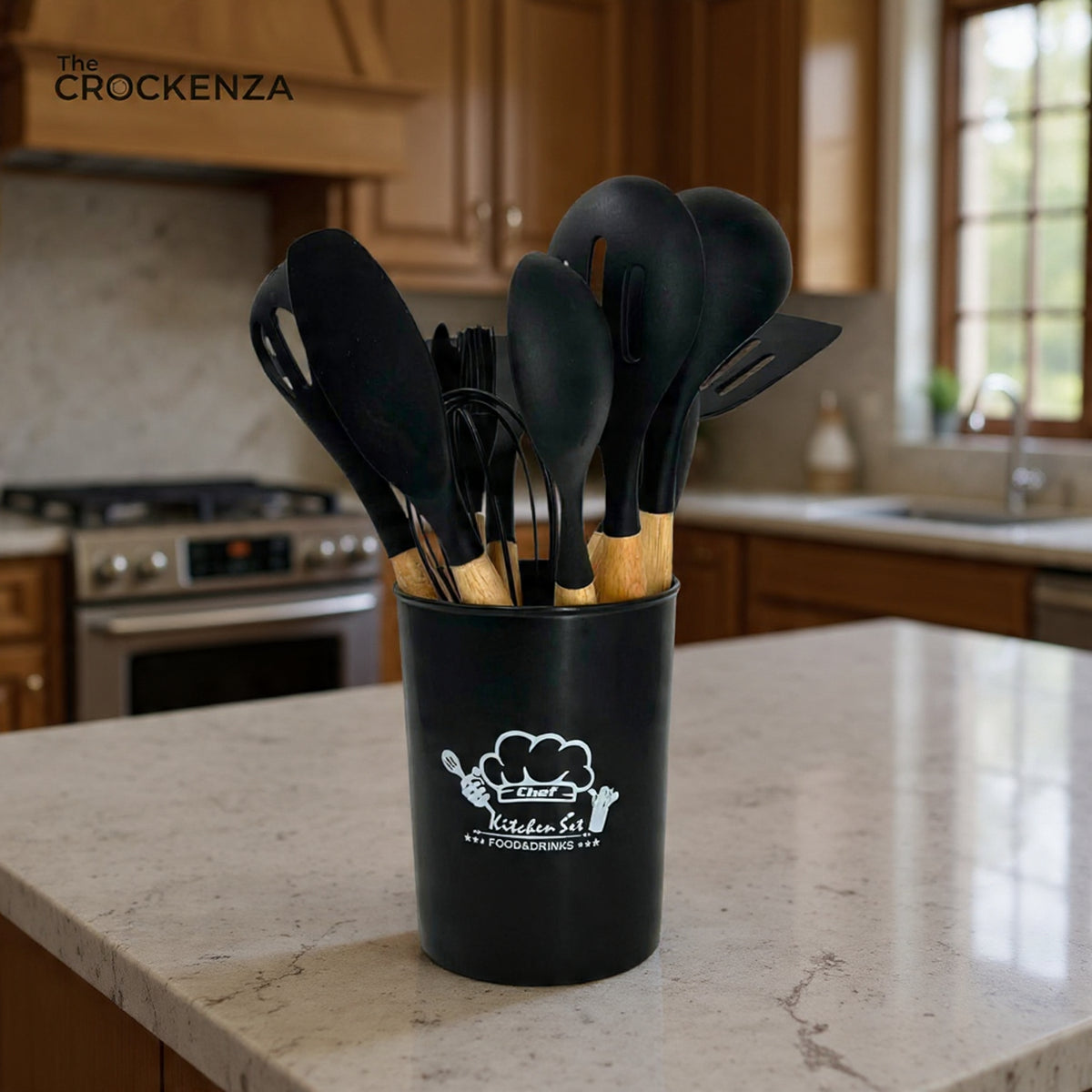 Premium Silicone Cooking Spoon Set with Wooden Handles & Holder | Heat-Resistant Non-Stick Kitchen Utensils