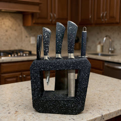 Luxury 7-Piece Knife Set with Meat Cleaver & Designer Block – Speckled Granite Black Finish – High-Carbon Stainless Steel