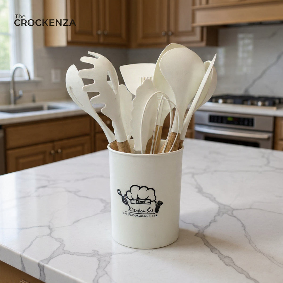 Premium Silicone Cooking Spoon Set with Wooden Handles & Holder | Heat-Resistant Non-Stick Kitchen Utensils