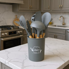 Premium Silicone Cooking Spoon Set with Wooden Handles & Holder | Heat-Resistant Non-Stick Kitchen Utensils