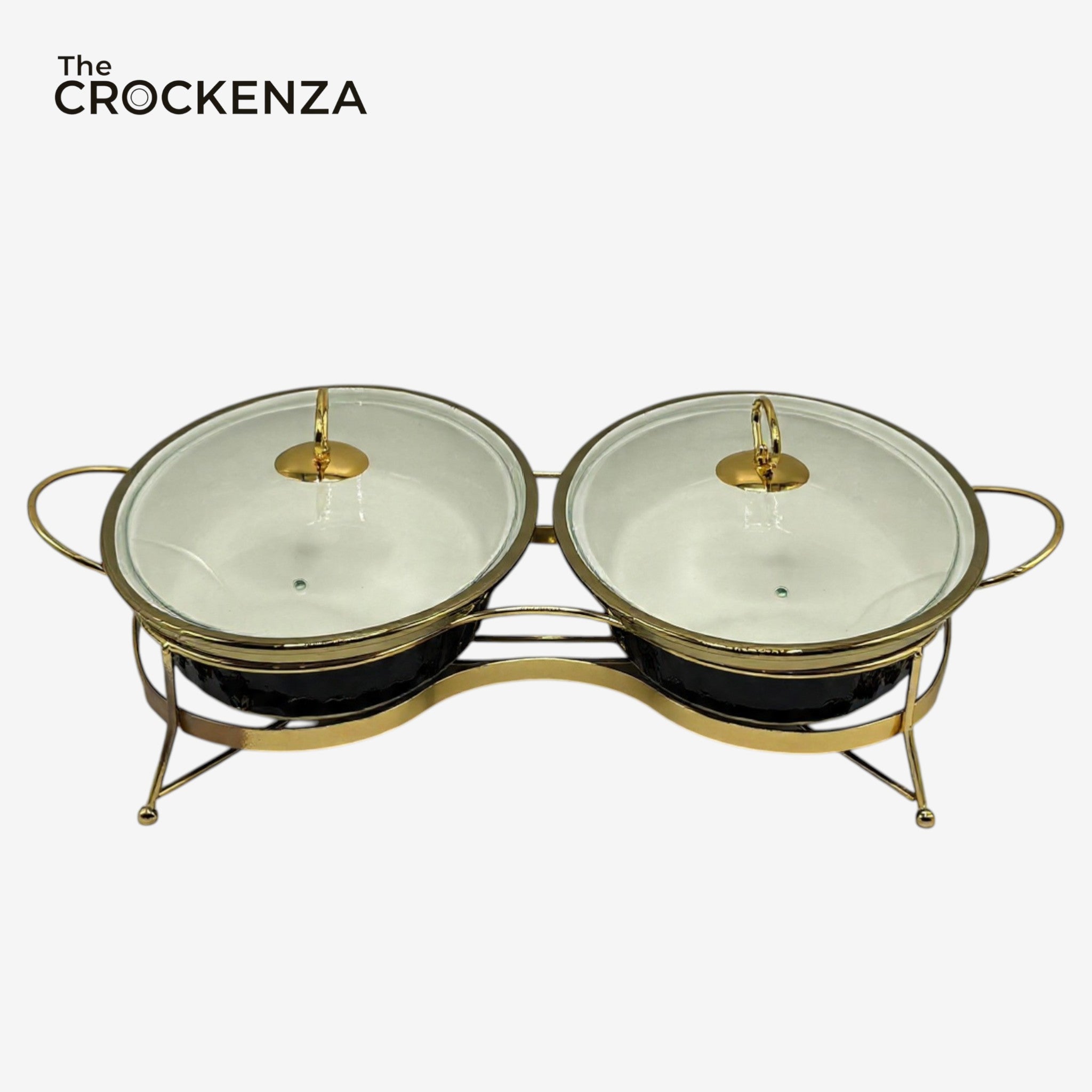 Twin Oval Porcelain Serving Dish Set with Gold Stand – 12" Double Buffet Server with Handles | Elegant Tabletop Food Warmer & Serving Bowl Set
