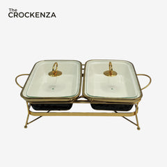 Twin Rectangular Porcelain Serving Dish Set with Gold Stand – 12" Double Buffet Server with Handles | Elegant Tabletop Food Warmer & Serving Bowl Set