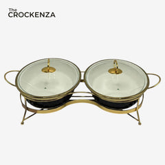 Twin Oval Porcelain Serving Dish Set with Gold Stand – 12" Double Buffet Server with Handles | Elegant Tabletop Food Warmer & Serving Bowl Set