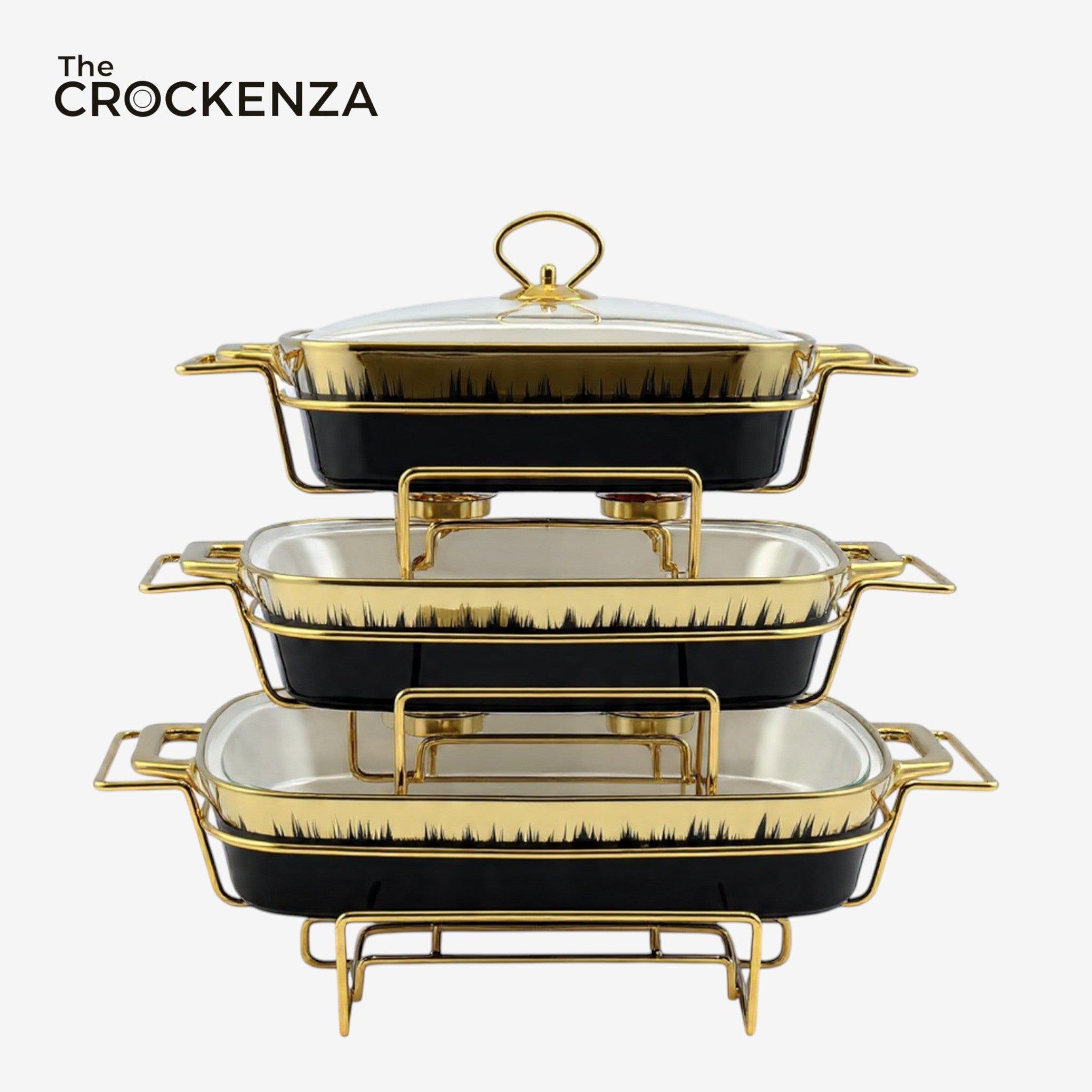 Regal Gold-Trimmed Chafing Dish – Premium Black Ceramic Buffet Warmer Set