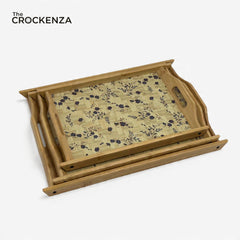 The Crockenza Vintage Floral Bamboo Tray Set – 3-Piece Eco-Friendly Nesting Serving Trays with Woven Texture & Botanical Print