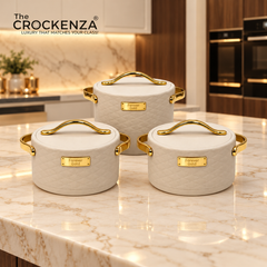Forever Gold Premium Insulated Hot Pot Casserole Set of 3 – Quilted Leather-Style Beige Food Warmer (1.5L / 2L / 2.5L)
