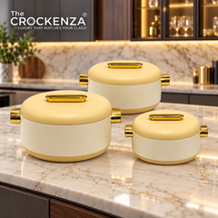 Imported Luxury Collection | Forever Gold 3 Pcs Hotpot Set | Keep your food fresh & warm | Two-tone Beige Round (1/2/3.5ltr)