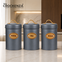 Modern Kitchen Canister Trio – Airtight Grey Jars for Coffee, Tea & Sugar with Leather straps