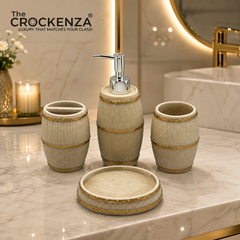 The Crockenza Vineyard 4-Piece Bathroom Set – Luxury Rustic Barrel-Texture Vanity Accessories with Gold Accents