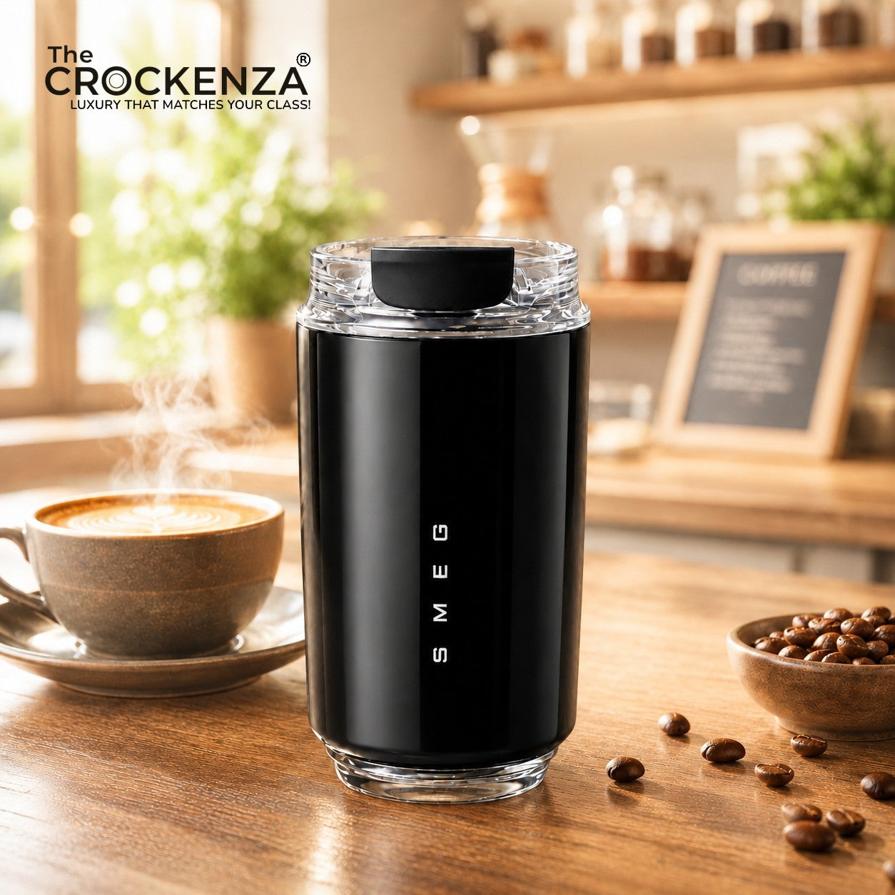 SMEG Style Premium Stainless Steel Travel Tumbler – Leak-Proof Coffee Cup with Clear Lid | Black 320ML