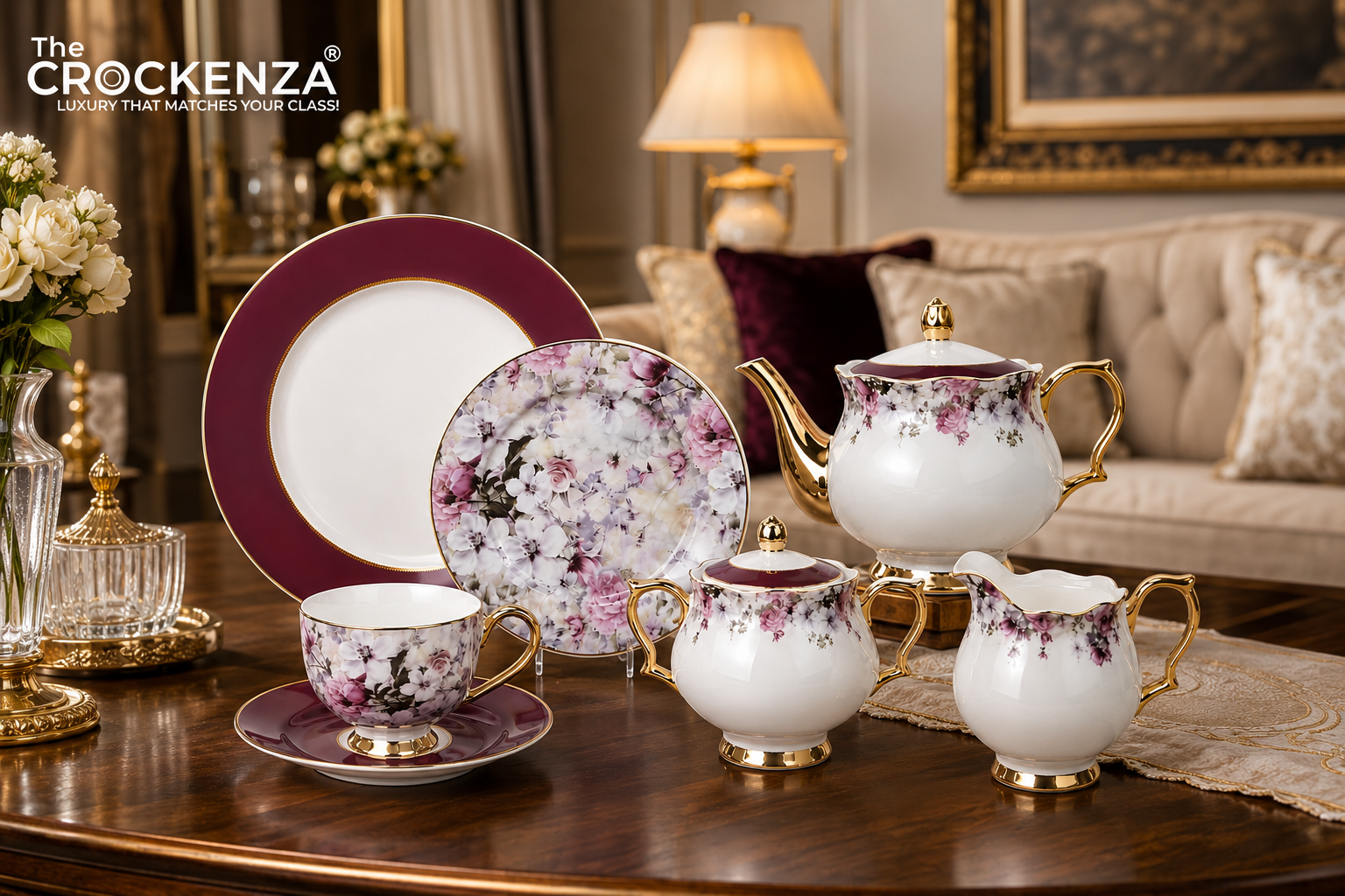 Johnson Bros Inspired 24-Piece Luxury Floral Tea Set – Maroon & Gold Premium Tea Service