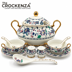 Imported Royal Albert Inspired 23-Piece Floral Soup Set with Gold Trim