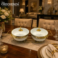 Twin Oval Porcelain Serving Dish Set with Gold Stand – 11" Double Buffet Server with Handles | Elegant Tabletop Food Warmer & Serving Set