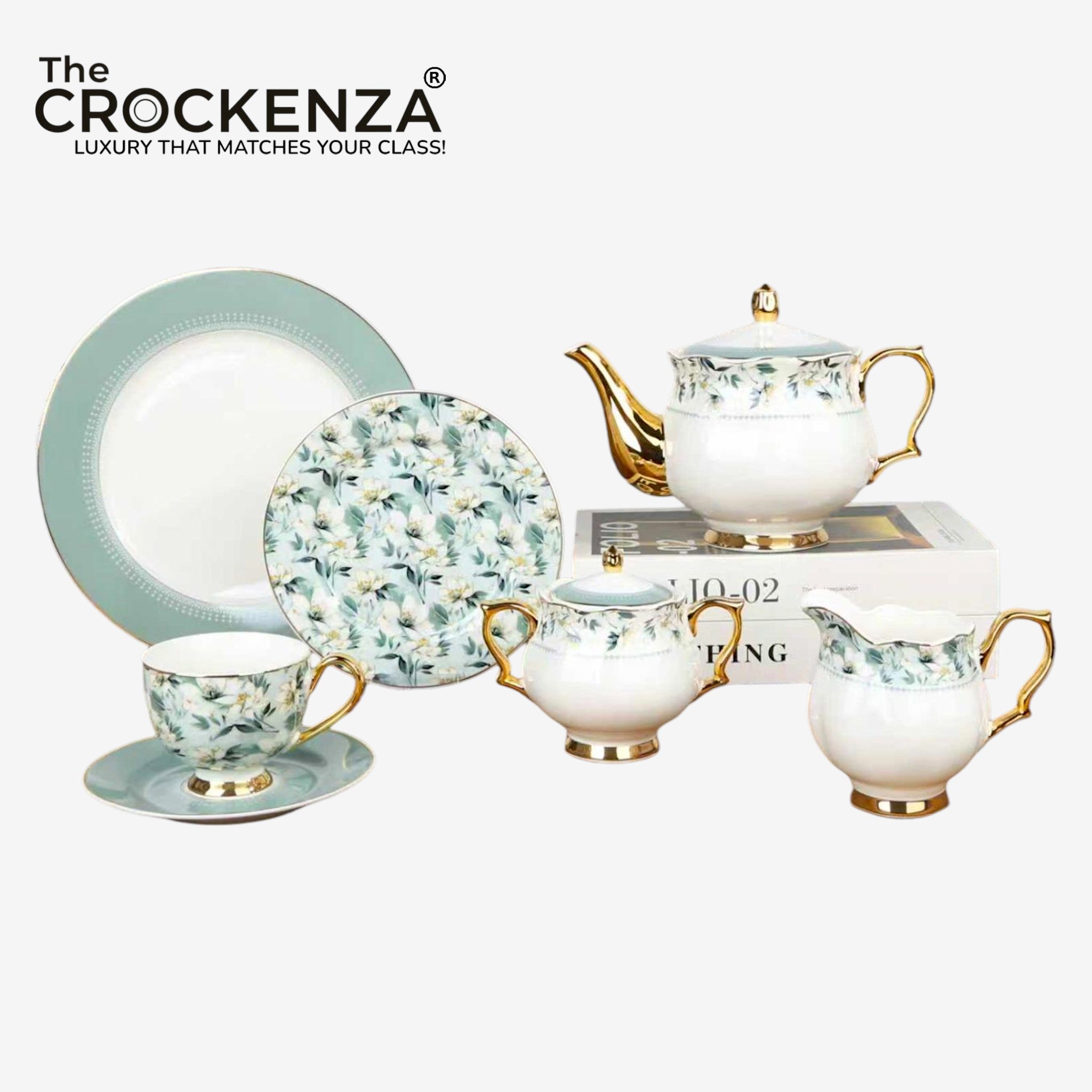 24 Piece Luxury Johnson Bros inspired Bone China Tea Set – Vintage Floral Green & Gold Trim