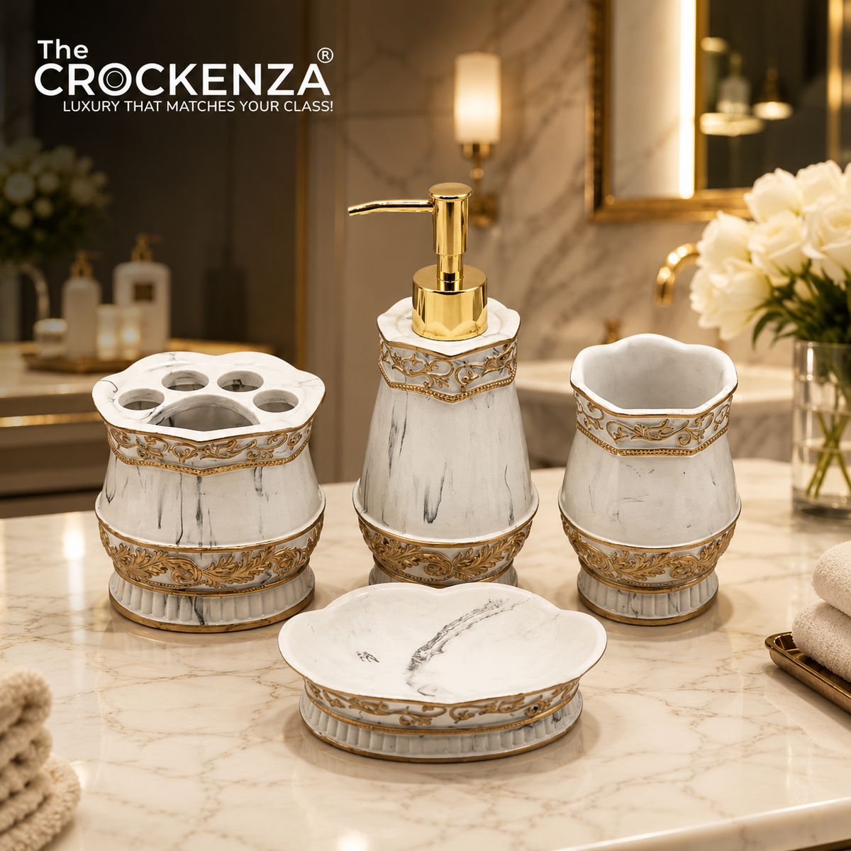 The Crockenza Imperial Gold-Filigree 4-Piece Bathroom Set – Luxury White Marble Vanity Organizer